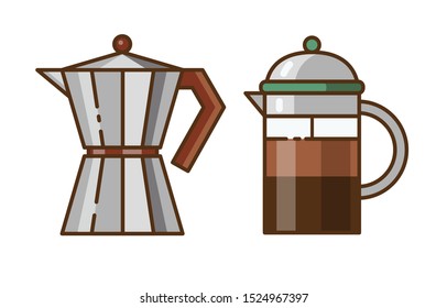 Moka Pot aka stove-top and French press coffee maker icons. Brewing devices line design elements for coffee house and shop.