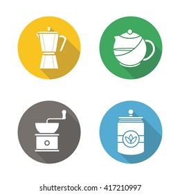  Moka pot, brewing teapot, coffee grinder, tea jar. Vector symbols