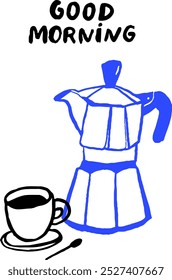 Moka pot cafe poster, trendy doodle art. Blue coffee pot, black small cup and spoon. Handwritten text good morning