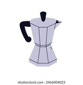 Moka pot, classic metal coffee maker. Stovetop espresso brewing appliance, aluminum kettle. Italian coffeemaker for camping, hiking. Flat graphic vector illustration isolated on white background