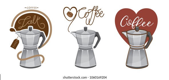 Moka pot and coffee bean love vector illustration logo white background