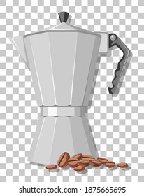 Moka pot with coffee beans isolated on transparent background illustration