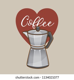 Moka pot coffee brew vector illustration with love coffee lettering