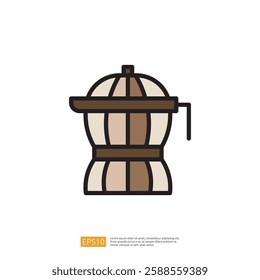 Moka pot coffee brewing icon in a minimalist flat design style, showcasing a vintage coffee pot with natural tones and clean lines for modern kitchen decorations