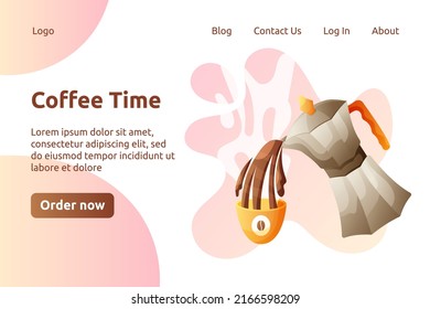 Moka pot with coffee and cup with little plate web page design. Coffee time, cafe, bar vector cartoon concept.