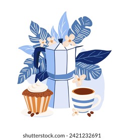 Moka Pot Coffee and Cupcake Vector Illustration in Blue Tones for Culinary and Home Decor Design, Tropical Theme. Pastel Blue and Beige. Vector flat design Illustration