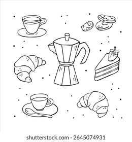 Moka pot, coffee maker, croissant, cake, cookies, cups of coffee. Food illustartion set. Hand drawn vector illustration, balck and white minimalist drawing.