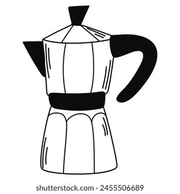 Moka Pot Coffee Maker in doodle style. Hand draw vector electric espresso coffee maker pot. Icon collection for menu, coffee shop.