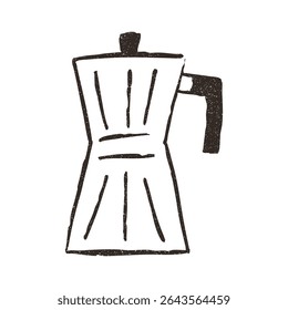 Olla de Moka para hacer café, dibujado a mano doodle, Ilustración vectorial aislada sobre fondo blanco. Estilo de boceto de contorno con textura vintage grunge. Concepto de café.