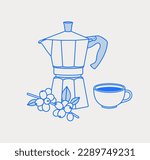 Moka pot, a cup of coffee, a branch of coffee. Coffee time composition. Line art, retro. Vector illustration for coffee shops, cafes, and restaurants.