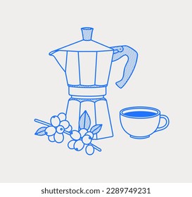 Moka pot, a cup of coffee, a branch of coffee. Coffee time composition. Line art, retro. Vector illustration for coffee shops, cafes, and restaurants.