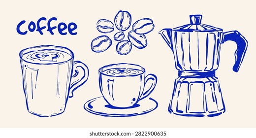 Moka pot, cups and roasted beans for home coffee brewing. Coffee preparation, stovetop coffee maker and bar drinks collection concept. Sketch, Hand drawn line art.