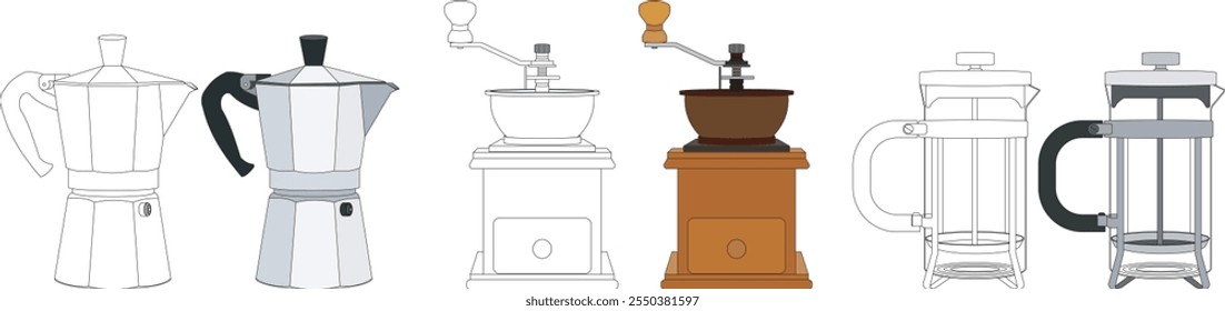 Moka pot french press and coffee grinder vector illlustration