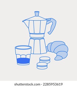 Moka pot, a glass of coffee, croissant, two macarons. Coffee time composition. Line art, retro. Vector illustration for coffee shops, cafes, and restaurants.