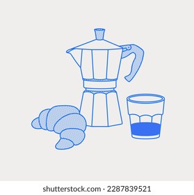 Moka pot, a glass of coffee, croissant. Coffee time composition. Line art, retro. Vector illustration for coffee shops, cafes, and restaurants.