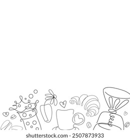 Moka pot, a glass of coffee, croissant, two macarons. Coffee time composition. Line art, retro. Vector illustration for coffee shops, cafes, and restaurants.

