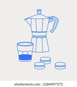 Moka pot, glass with coffee, and macarons. Coffee time composition. Line art, retro. Vector illustration for coffee shops, cafes, and restaurants.
