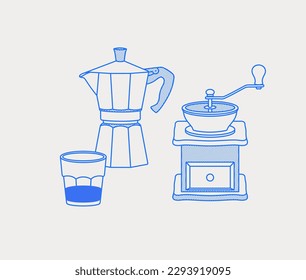 Moka pot, glass of coffee, manual coffee grinder. Coffee time composition. Line art, retro. Vector illustration for coffee shops, cafes, and restaurants.