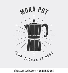 Moka pot hand drawn, coffee shop logo, icon, sillhouette, flat vintage style with noise effect.