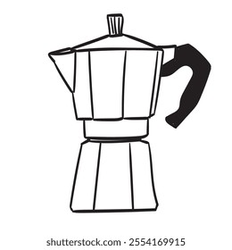 Moka pot icon. Coffee maker vector illustration. Mocha pot icon in line doodle style design. Ink outline coffee maker isolated on white background. Italian coffee maker.