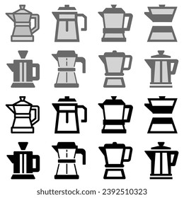 Moka pot icon set, Italian coffee maker, espresso, mocha coffee, flat vector illustration isolated