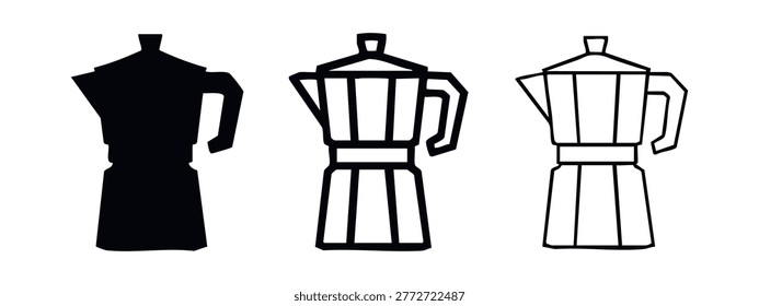 Moka pot icons set in three different styles. Stovetop espresso maker symbol in glyph, outline, and linear style.