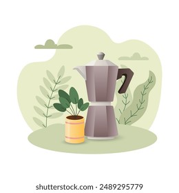 Moka Pot illustration. Coffeemaker, pot, houseflower, handle, steel. Editable vector graphic design.