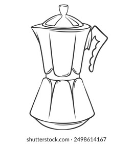 Moka pot line icon. Hand drawn retro Italian coffeemaker to brew morning drink on stovetop. Coffee break, breakfast, appliance mascot, outline traditional metal geyser pot icon vector illustration