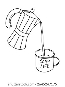 Moka pote despejando café em uma caneca de metal com a frase Vida de acampamento em um estilo de arte de linha limpa. Simboliza relaxamento ao ar livre, ritual matinal e a alegria de acampar