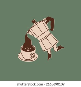 Moka pot pours coffee into a cup. Coffee maker with legs in boots. Cup with face. Logo, icon, coffee shop, menu design template. Cute cartoon style characters. Hand drawn isolated Vector illustration