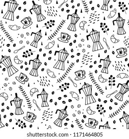Moka pot seamless pattern. Coffee for breakfast. Hand drawn vector black and white illustration. Cartoon doodle. Background, wallpaper. Colouring page.