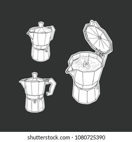 moka pot set isolated vector. hand draw sketch coffee set.