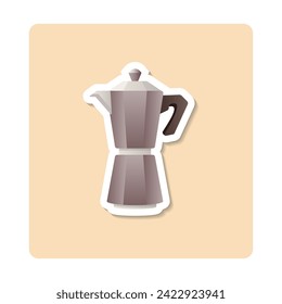 Moka Pot sticker illustration. Coffeemaker, pot, houseflower, handle, steel. Editable vector graphic design.