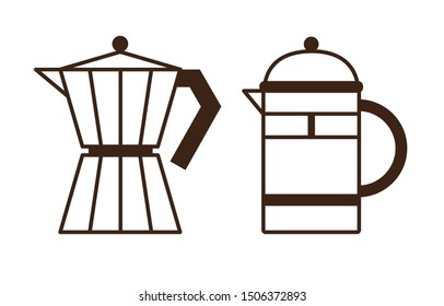 Moka Pot (stove-top) and French press coffee maker icons. Brewing devices, line design elements for coffee house and shop.