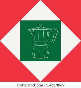 Moka Pot Vector. Traditional Italian Coffee Maker. Outline Isolated on Italian Flag Colors
