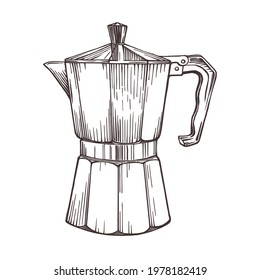 Moka pot in vintage engraved style. Hand-drawn in ink black outlines isolated on white. Geyser coffee maker.