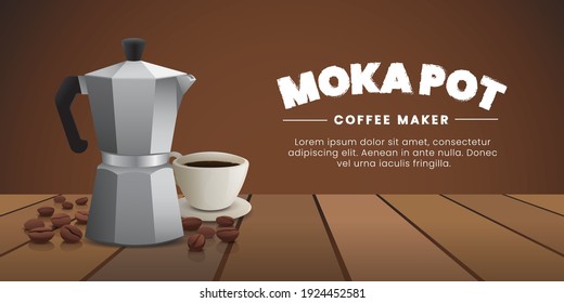 Moka pots, coffee maker with coffee cup and coffee beans on wooden table, vector illustration banner text space advertising