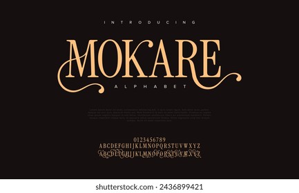 Mokare premium luxury elegant alphabet letters and numbers. Elegant wedding typography classic serif font decorative vintage retro. Creative vector illustration