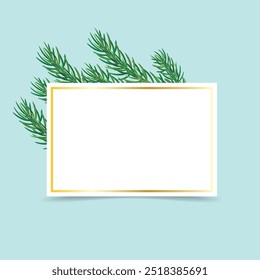 Moke up card with Christmas tree branch. Christmas moke up.  Christmas card. Blank card on isolated white background. Card with gold frame. Moke up.