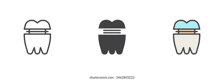 Molar crown different style icon set. Line, glyph and filled outline colorful version, outline and filled vector sign. Dental care symbol, logo illustration. Vector graphics