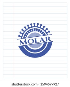 Molar emblem draw with pen effect. Blue ink. Vector Illustration. Detailed.