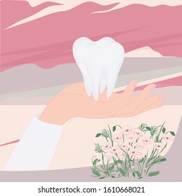 Molar in a female hand on an abstract background, flowers - art, vector. Happy Dentist Day. International Dentist Day.