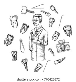 molar teeth enamel, dental set. instruments equipment of the dentist doctor. oral cavity clean or sick. health or caries human. engraved hand drawn in old or sketch. medicine, care for cavity, implant
