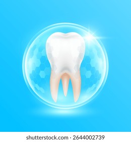 Dentes molares em uma cúpula de bolha hexagonal transparente moderna sobre fundo azul. Órgão dentário humano forte e saudável. Cuidados e proteção médica de dentista ou dentista. Vetor 3D EPS10.