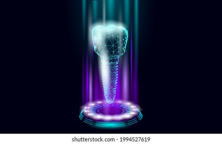 Molar tooth dental implant 3d low poly geometric model. Dentistry innovation future technology titan metal thread. Medical health science polygonal point line vector illustration