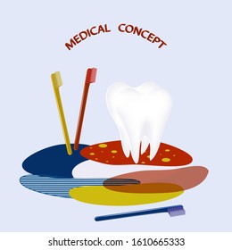 Molar tooth, toothbrushes - abstract bright spots on a light background - art, vector. Happy Dentist Day. International Dentist Day. Healthy Clean Teeth.