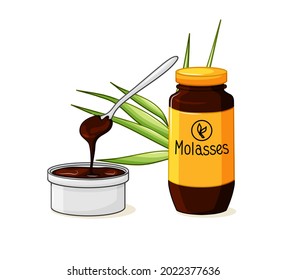 Molasses Bottle. A Product Made From Sugar Cane. A Bowl With A Spoon And Syrup On A White Isolated Background. Vector Illustration.