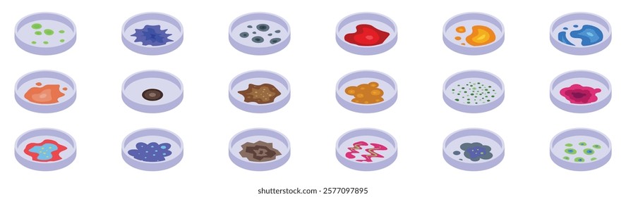 Mold fungus colonies icons set. Set of petri dishes with colorful bacteria cultures, representing microbiology research and laboratory analysis