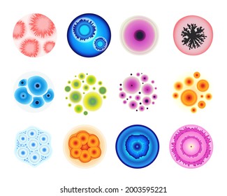 Mold In Lab Isolated Set. Colorful Bacteria, Fungi, Cells Or Penicillin Microscope View In Laboratory. Different Germs In Petri Dish. Biochemistry Analysis, Medicine Test. Cartoon Vector Illustration