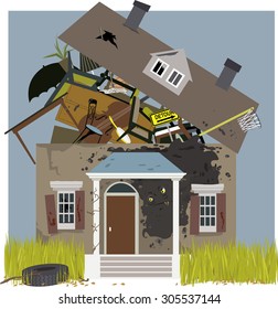 Mold Monster Creeping On A House, Bursting With  Junk, Vector Illustration, No Transparencies, EPS 8